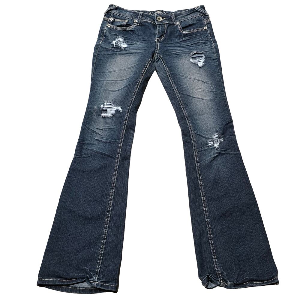 Premiere Denim Dark Washed Distressed Low Rise Boot Cut Blue Jeans Juniors 3/4